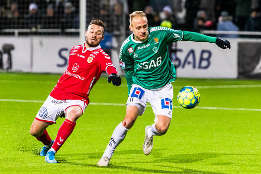 Kalmars Fidan Aliti och Brages Anton Lundin i kamp om bollen