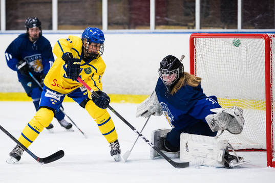Sveriges Linnea Johansson utmanar Finlands målvakt Kiia