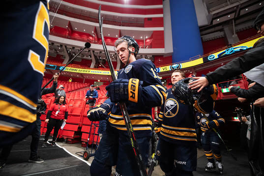 Jimmy Vesey and Lawrence Pilut of Buffalo Sabres