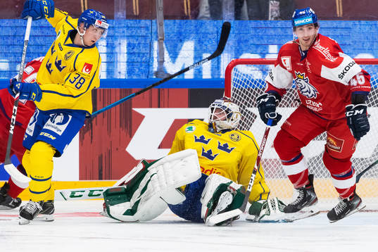Olle Alsing and goaltender Adam Reideborn of Sweden defend