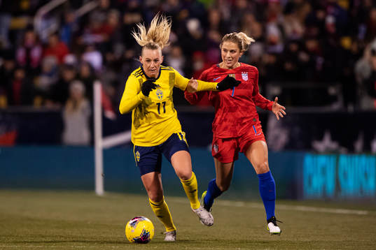 Stina Blackstenius of Sweden and Abby Dahlkemper of USA