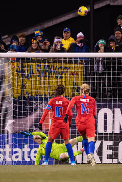Carli Lloyd of USA misses a penalty against goalkeeper