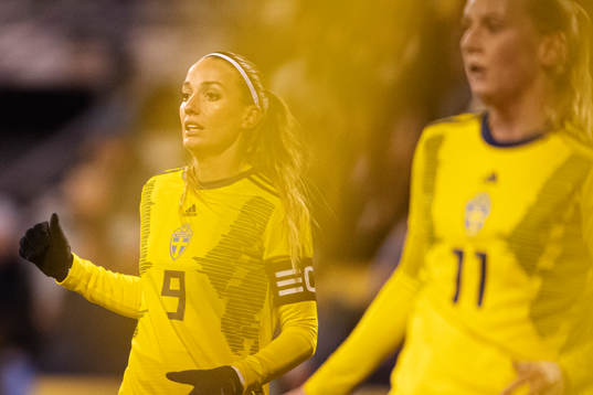 Kosovare Asllani and Stina Blackstenius of Sweden