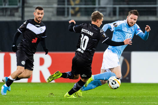 Mattia Bottani of Lugano and Lasse Nielsen <of Malmö FF