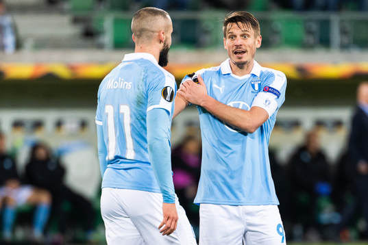 Guillermo Molins and Markus Rosenberg of Malmö FF in a