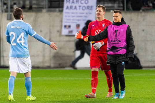 Lasse Nielsen, goalkeeper Johan Dahlin and Eric Larsson of