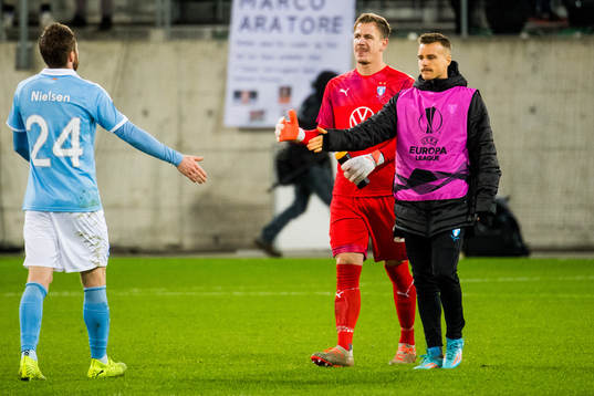 Lasse Nielsen, goalkeeper Johan Dahlin and Eric Larsson