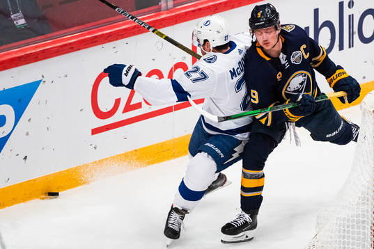 Ryan McDonagh of Tampa Bay Lightning and Jack Eichel of