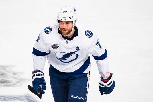 Victor Hedman of Tampa Bay Lightning celebrates scoring 0-2