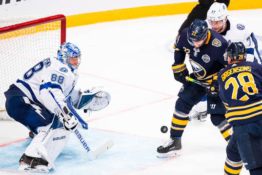 Johan Larsson of Buffalo Sabres in front of goalkeeper