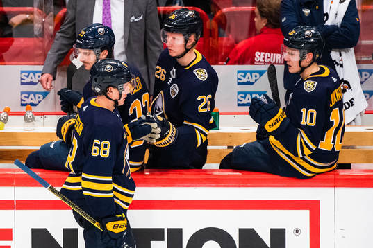 Victor Olofsson of Buffalo Sabres celebrates with Rasmus
