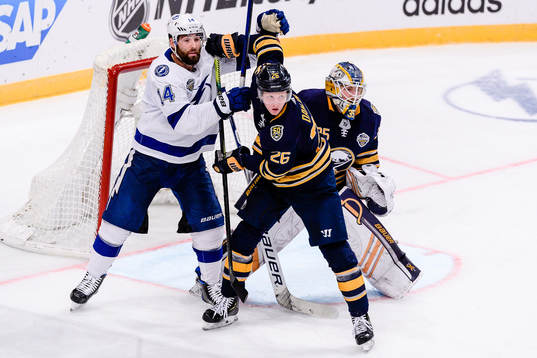 Patrick Maroon of Tampa Bay Lightning and Rasmus Dahlin and
