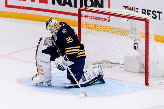 Goalkeeper Linus Ullmark of Buffalo Sabres looks dejected