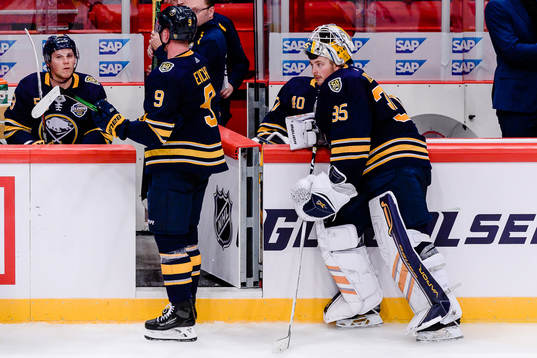 Goalkeeper Linus Ullmark of Buffalo Sabres looks dejected