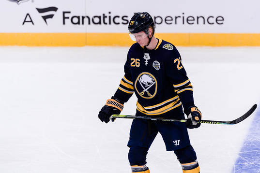 Rasmus Dahlin of Buffalo Sabres looks dejected