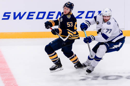Jeff Skinner of Buffalo Sabres and Victor Hedman of Tampa