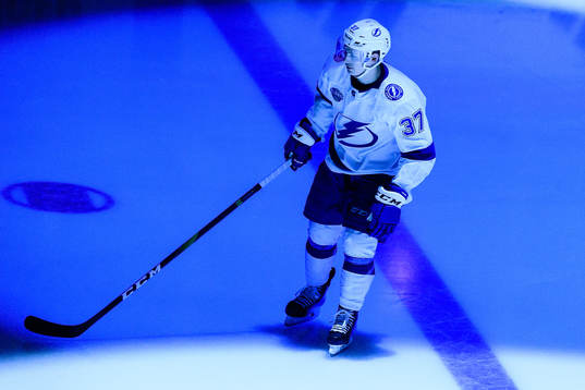 Yanni Gourde of Tampa Bay Lightning prior to the NHL