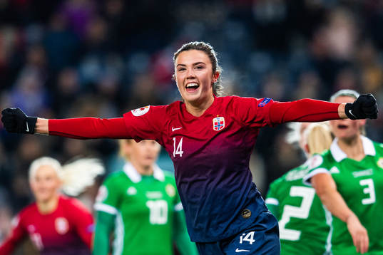 Ingrid Syrstad Engen of Norway celebrates scoring 4-0