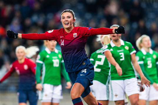 Ingrid Syrstad Engen of Norway celebrates scoring 4-0