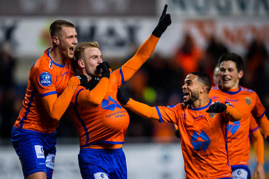 Torbjørn Agdestein of Aalesund celebrates with Holmbert