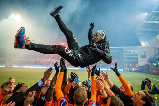 Andrea Loberto, assistant coach of Aalesund, celebrates
