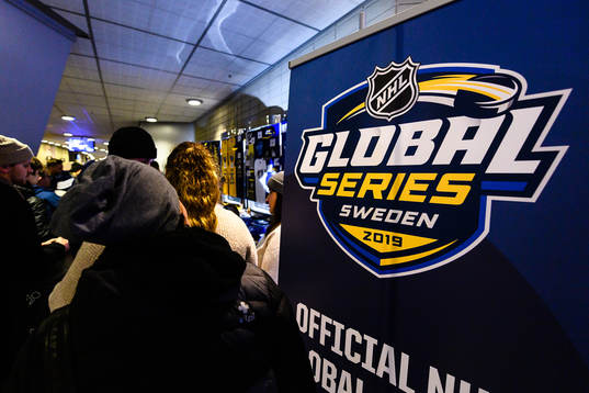 Global series logo at merchandise stand prior to the NHL