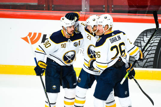 Marcus Johansson, Sam Reinhart and Rasmus Dahlin of Buffalo
