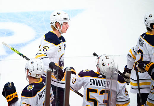 Rasmus Dahlin of Buffalo Sabres celebrates the 1-0 goal by