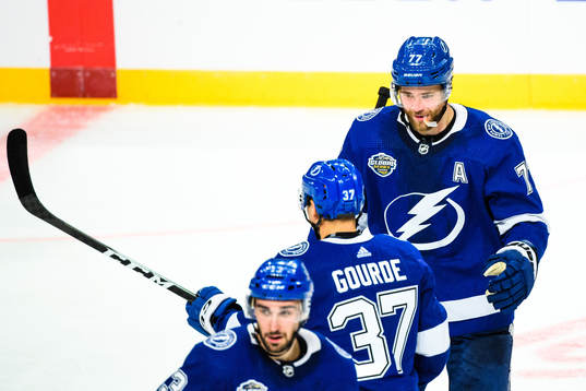 Victor Hedman of Tampa Bay Lightning celebrates the 3-1 goal
