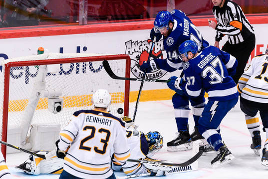 Patrick Maroon of Tampa Bay Lightning scores the 1-3 goal