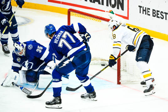 Victor Olofsson of Buffalo Sabres scores the 2-3 goal