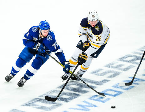 Anthony Cirelli of Tampa Bay Lightning and Rasmus Dahlin of