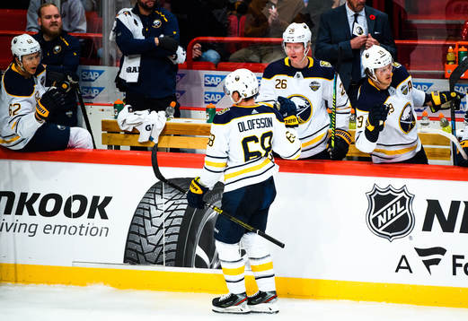 Victor Olofsson and Rasmus Dahlin of Buffalo Sabres
