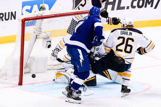Mathieu Joseph of Tampa Bay Lightning scores the 5-2 goal