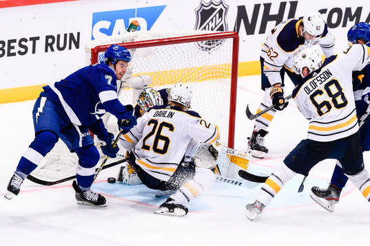 Mathieu Joseph of Tampa Bay Lightning scores the 5-2 goal
