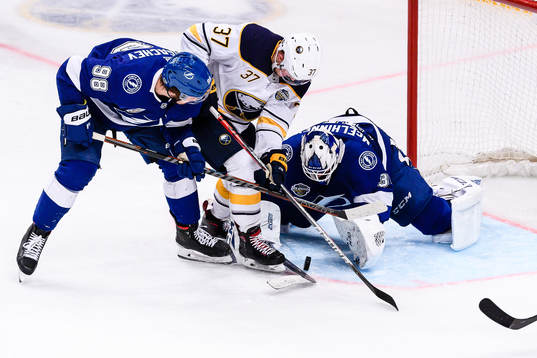 Casey Mittelstadtof Buffalo Sabres between Mikhail