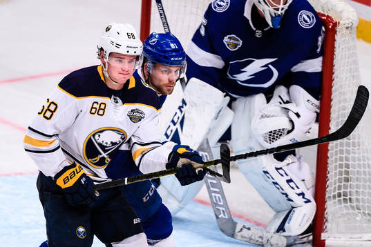 Victor Olofsson of Buffalo Sabres and Erik Cernak of Tampa
