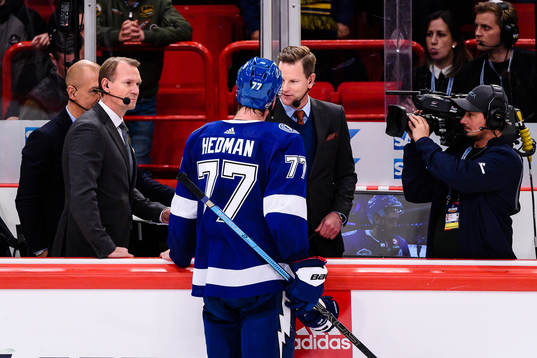 Victor Hedman of Tampa Bay Lightning gets interviewed by