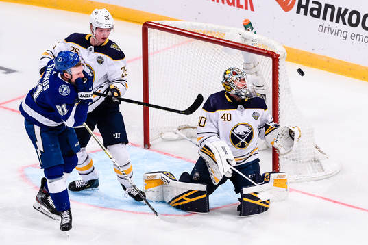 Steven Stamkos gets hit by Rasmus Dahlin of Buffalo Sabres