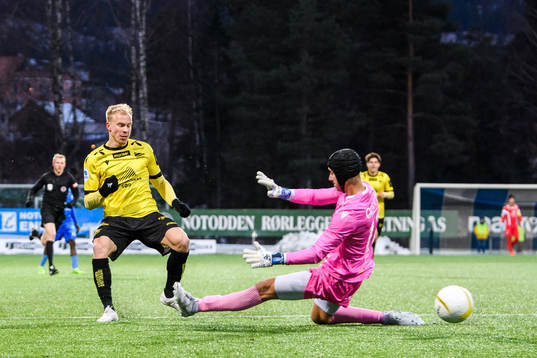 Martin Ramsland of Start scores the 0-1 goal behind