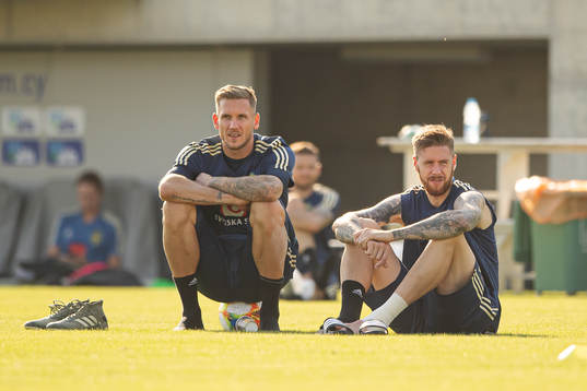 Robin Olsen and Pontus Jansson of the Swedish national