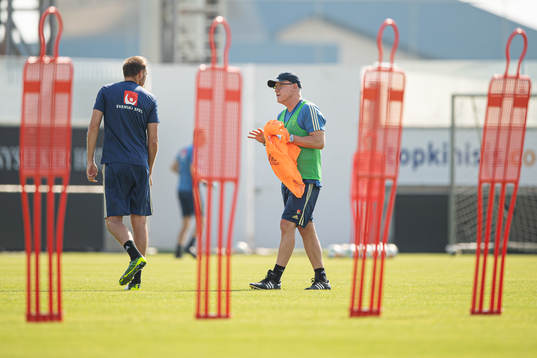 Andreas Granqvist and head coach Janne Andersson of the