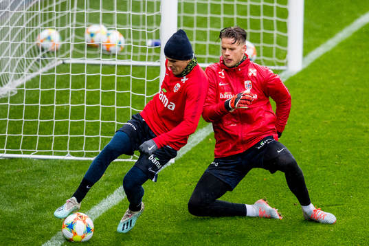 Tarik Elyounoussi and goalkeeper Ørjan Nyland of Norway