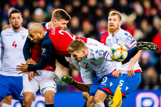 Alexander Sørloth and Haitam Aleesami  of Norway in a duel