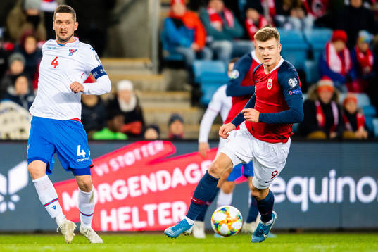 Atli Gregersen of Faroe Islands and Alexander Sørloth of