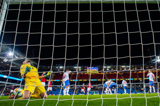 Gunnar Nielsen of Faroe Islands looks dejected