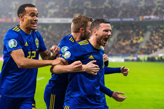 Robin Quaison, Sebastian Larsson and Marcus Berg of Sweden