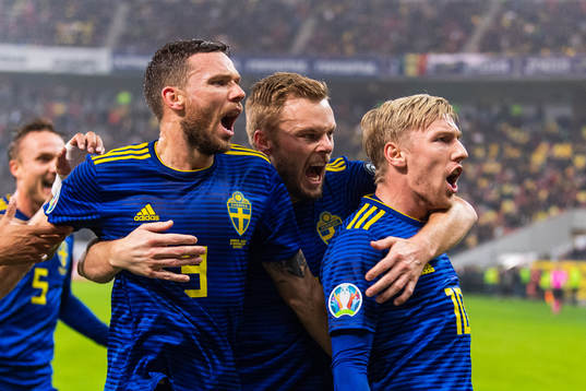 Marcus Berg, Sebastian Larsson and Emil Forsberg  of Sweden