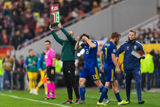 Gustav Svensson of Sweden enters the pitch for substituted