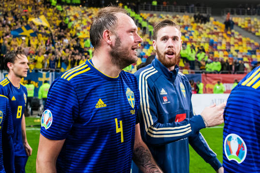 Andreas Granqvist and Pontus Jansson celebrate